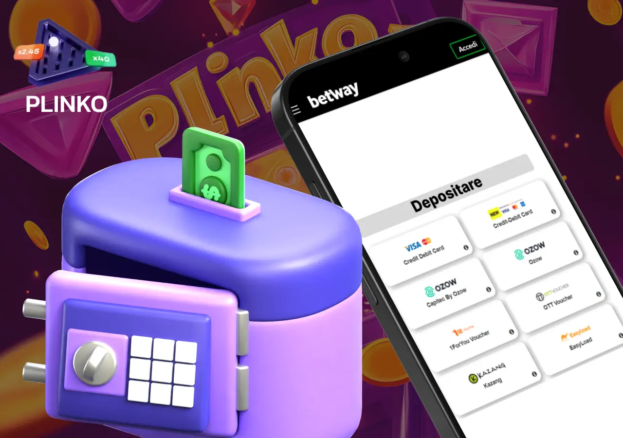 È possibile depositare su Betway per avviare Plinko tramite i metodi di pagamento più diffusi.