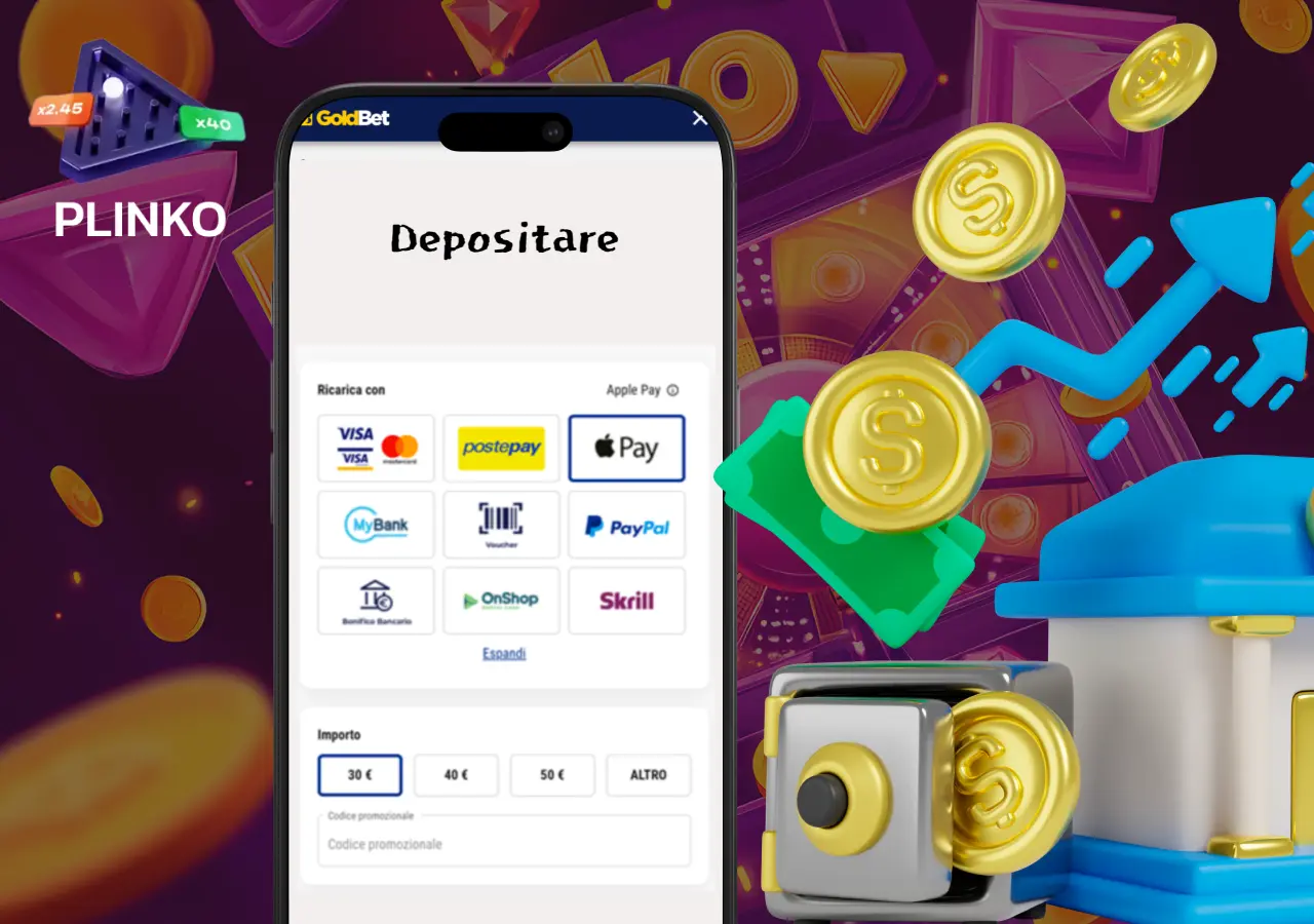 Il deposito su Goldbet consente di accedere alle puntate reali su Plinko.