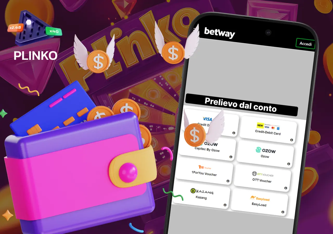 Betway consente un prelievo rapido e sicuro delle vincite da Plinko.