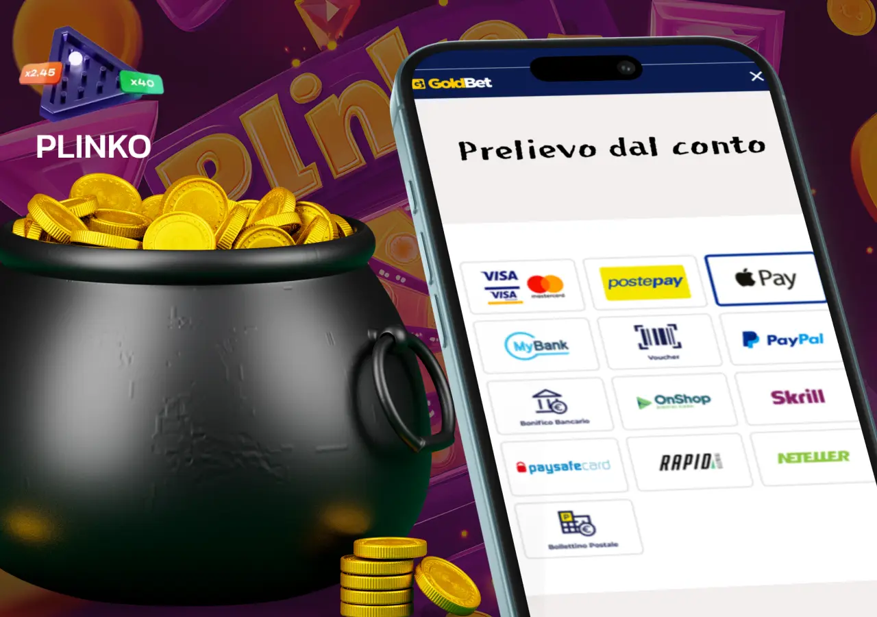Su Goldbet è possibile prelevare le vincite da Plinko con i metodi di pagamento più comuni.