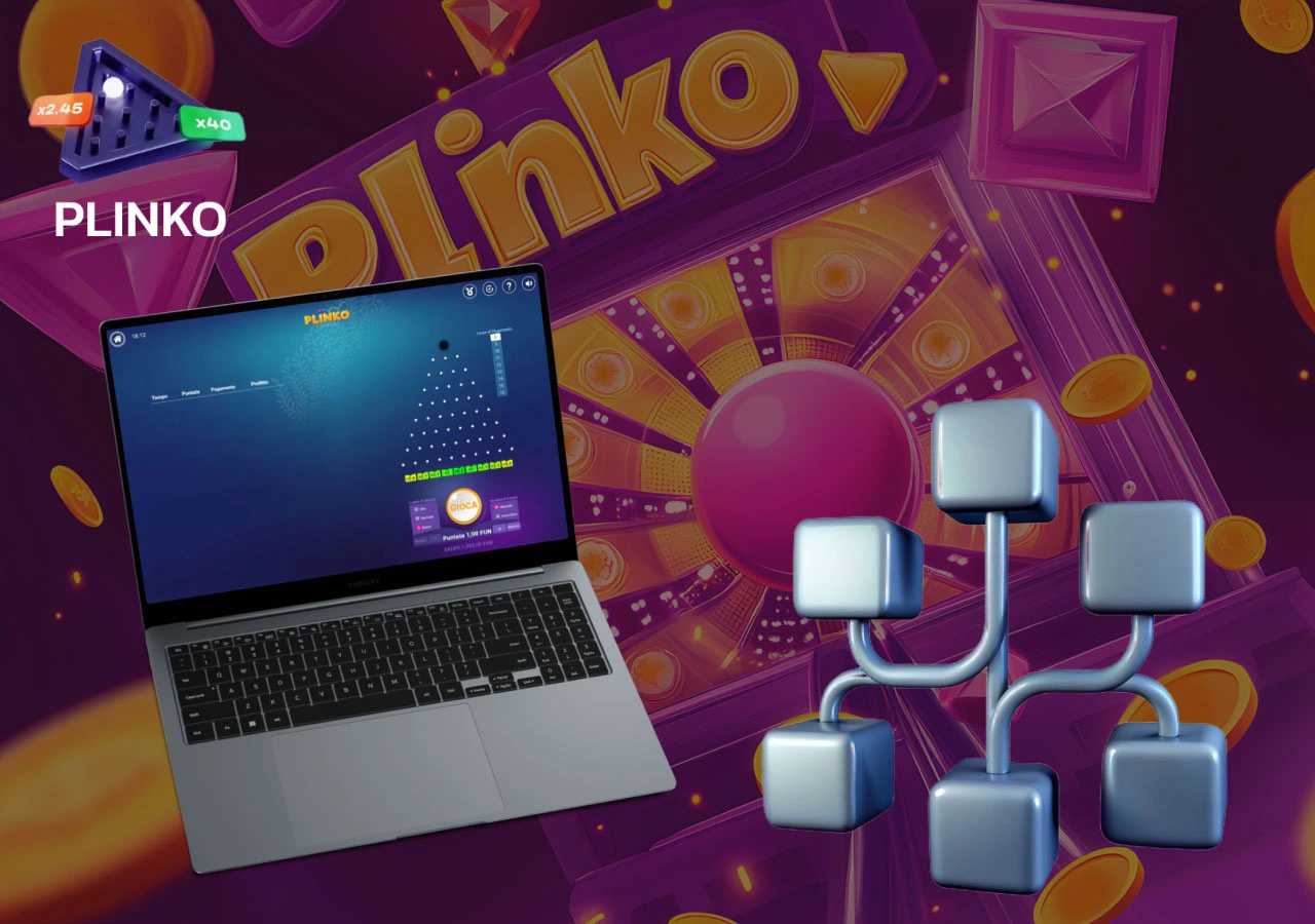 Plinko su laptop con sfondo viola e struttura ad albero, simbolo dell’algoritmo del gioco