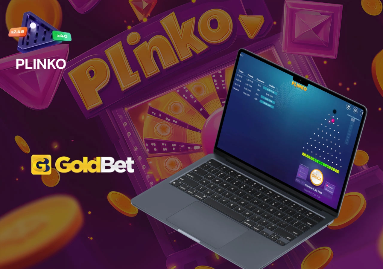 Esperienza immersiva del gioco Plinko su GoldBet visibile su portatile, con sfondo viola e bonus moltiplicatori.