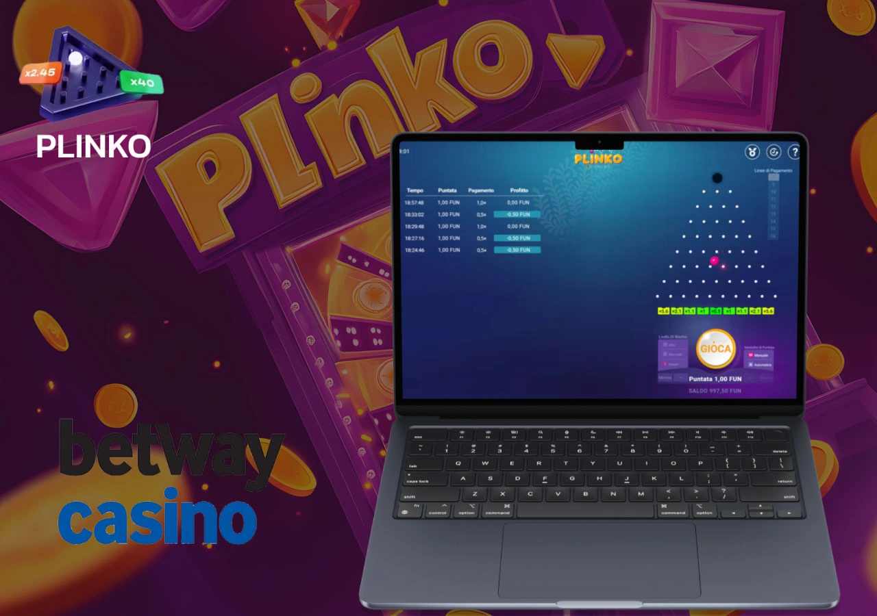 Gameplay del Plinko su Betway Casino in evidenza su laptop con sfondo colorato e monete virtuali in movimento.