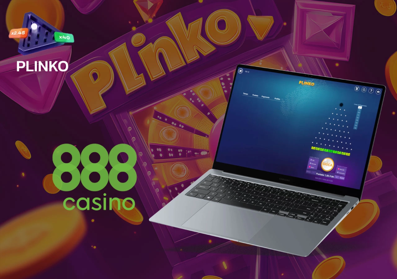 Laptop con gioco Plinko su 888casino e sfondo slot machine con elementi viola e dorati vivaci