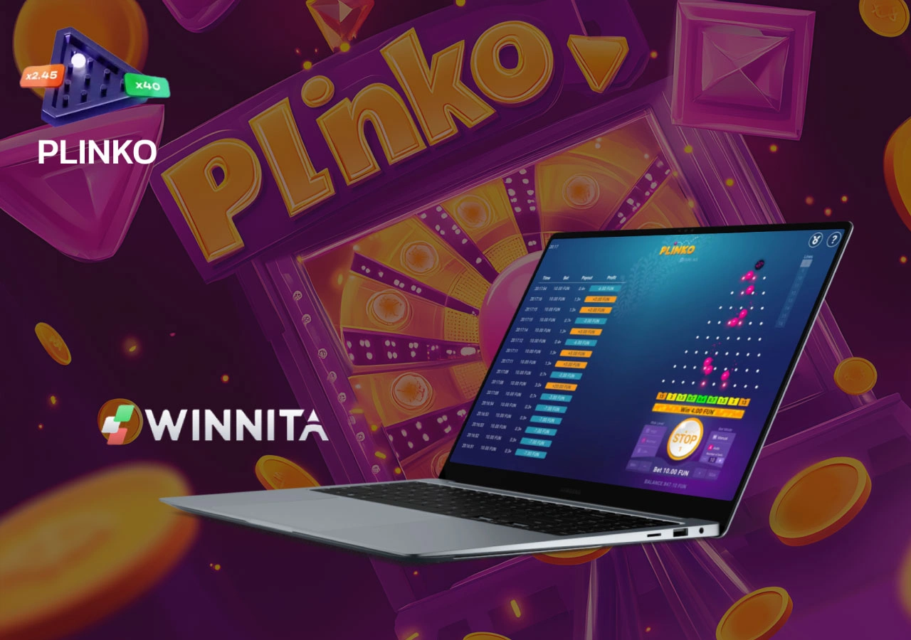 Interfaccia di Plinko attiva su computer portatile, con logo Winnita e colori neon in stile casinò