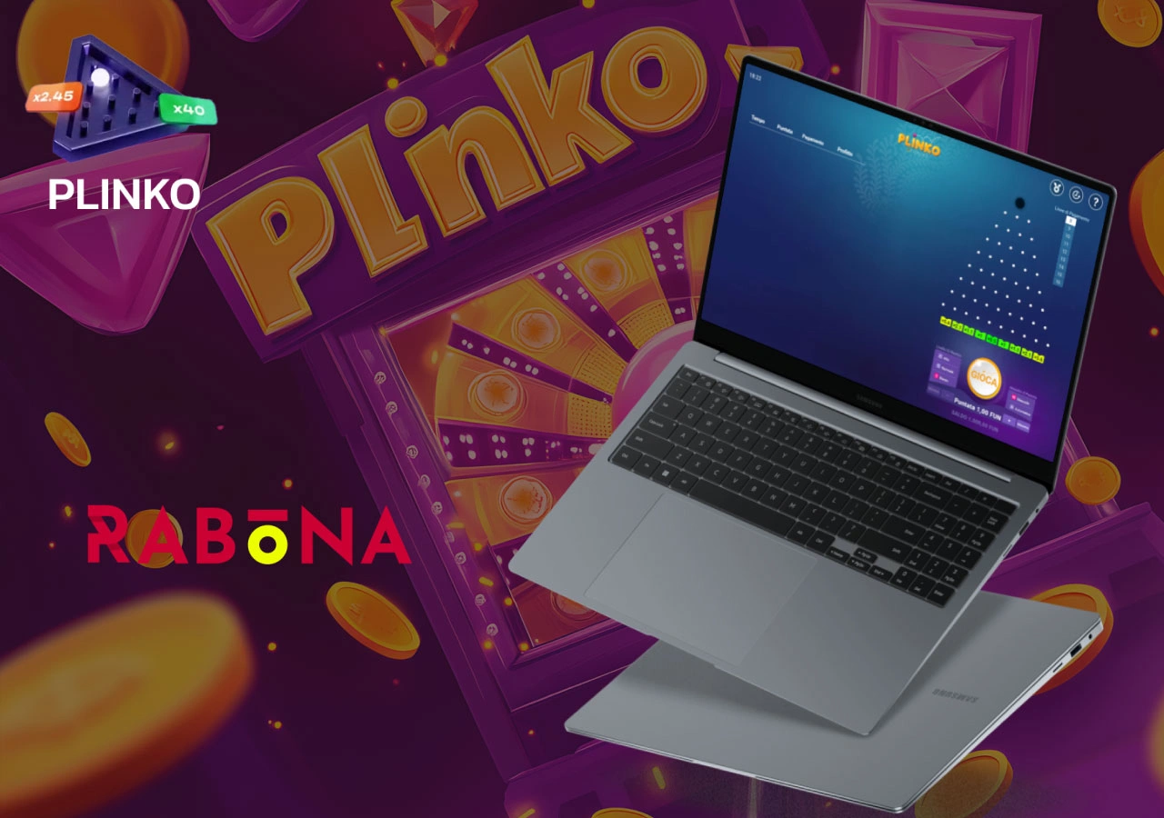 Gioco Plinko in esecuzione su Rabona, visibile su computer portatile con effetti visivi colorati