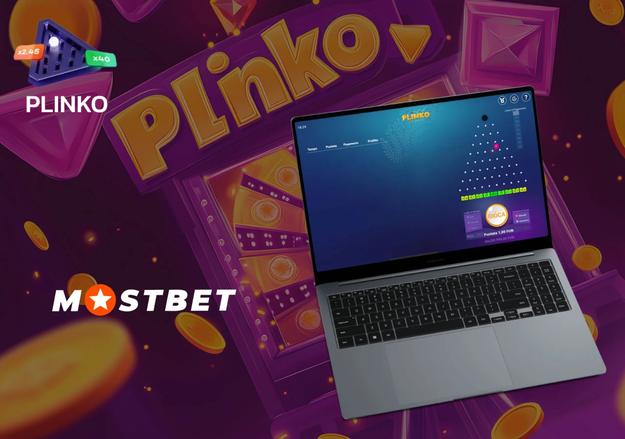 Gameplay di Plinko in diretta su Mostbet, mostrato su schermo laptop con sfondo dinamico viola
